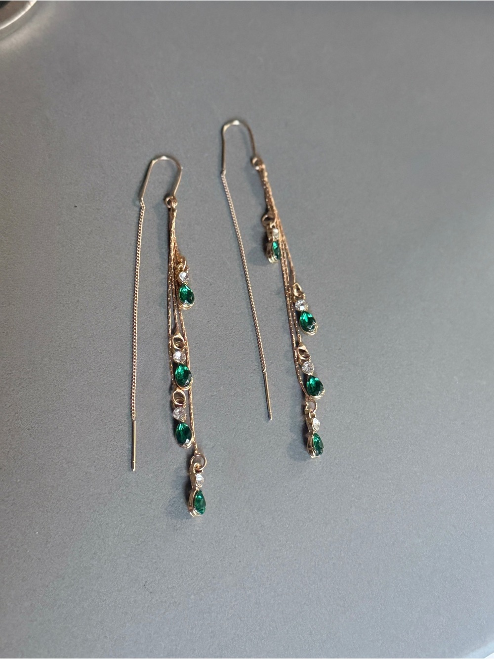 Gold Tone Emerald Green Rhinestone Cascading Chain Drop Threader Earrings